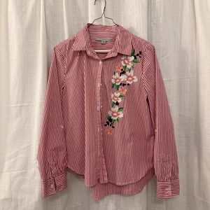 Andrew Marc Red Striped Button Down with Floral Embroidery Size M